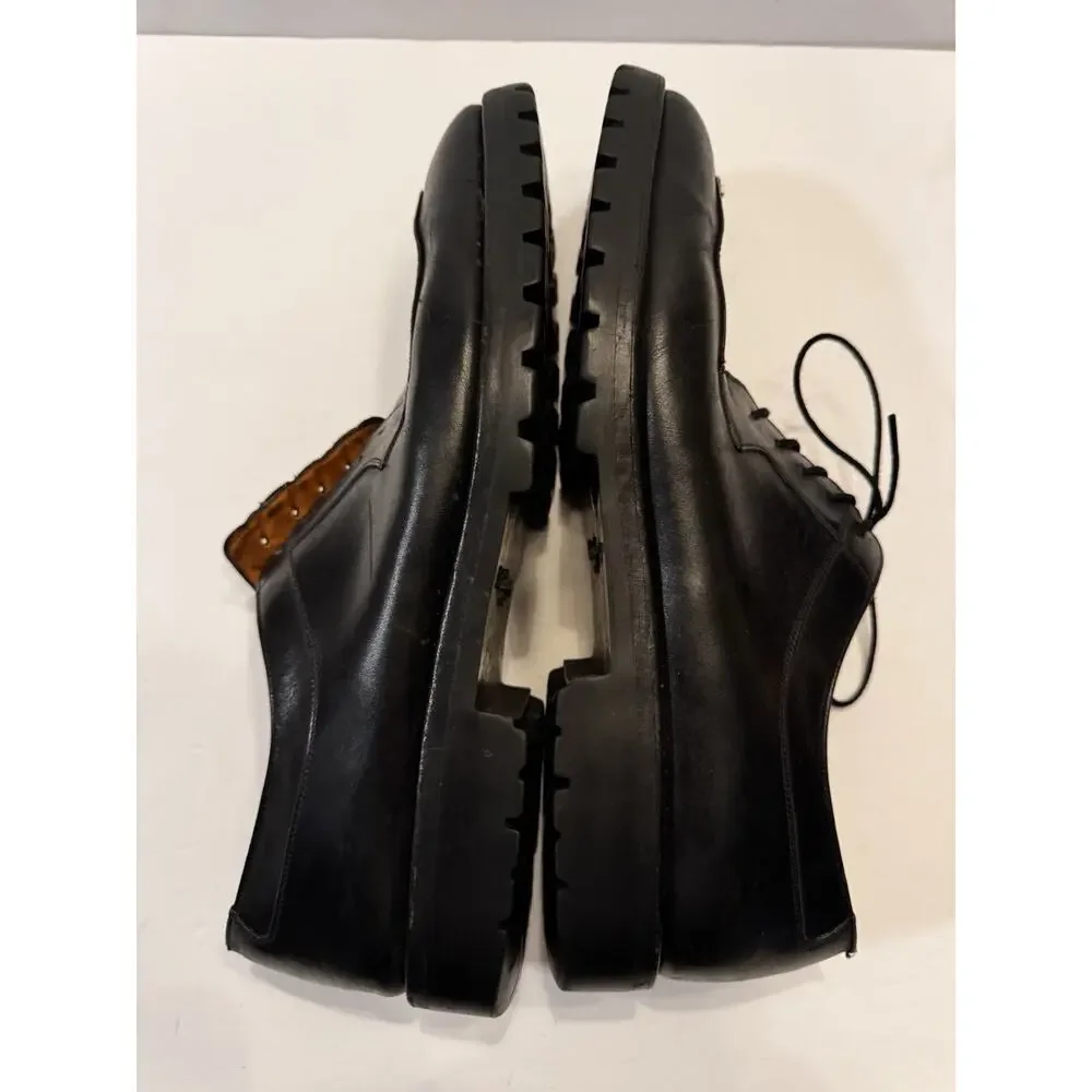 10.5 D Salvatore Ferragamo Black Leather Apron Toe Derby Lug Sole Italy